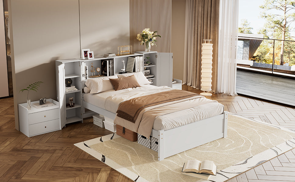 Twin Size Platform Bed With Storage Headboard And Lockers, White Twin Box Spring Not Required White Wood Bedroom Solid Wood Mdf