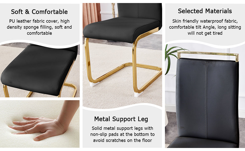Table And Chair Set.Modern Rectangular Dining Table With Black Textured Stickers Glass Tabletop And Gold Plated Metal Legs.Paried With 4 Comfortable Chairs With Pu Seats And Golden Metal Legs. Black Gold Seats 4 Glass Metal