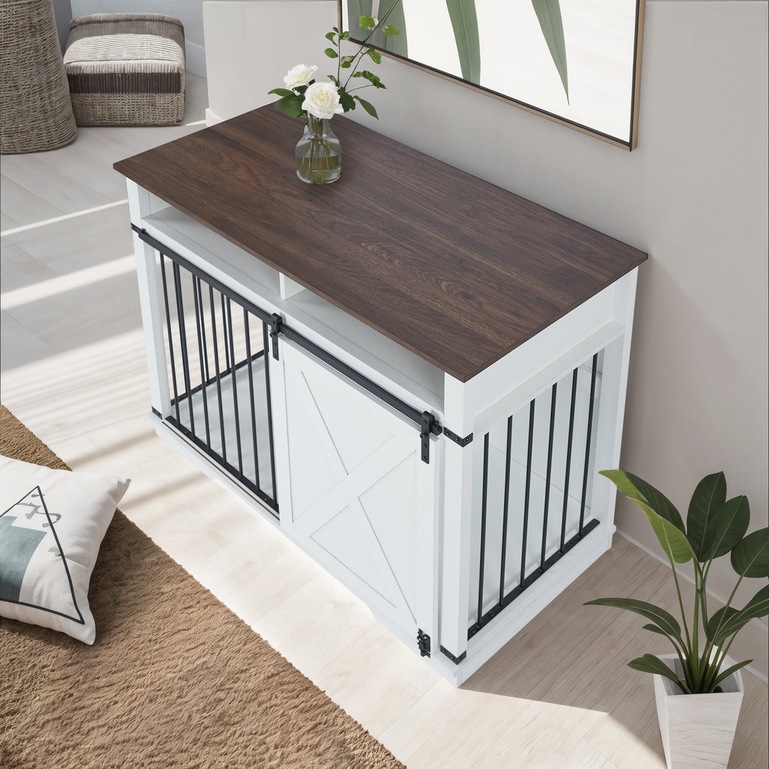 Wf005 Wh,The Dog Cage Has A Large Space White Linen