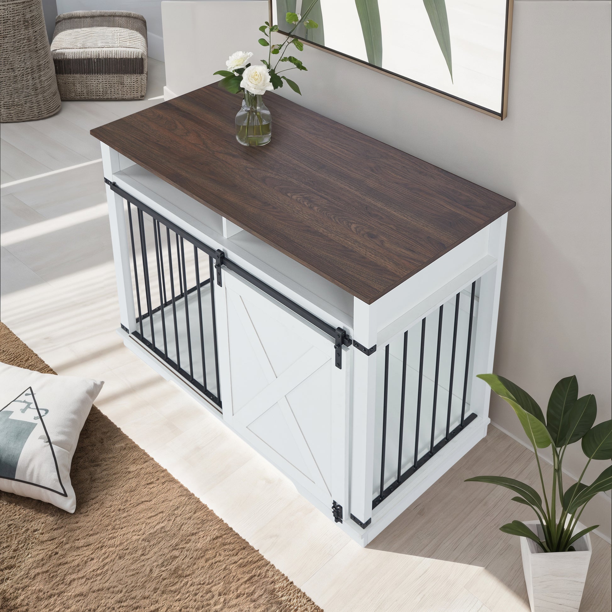 Wf005 Wh,The Dog Cage Has A Large Space White Linen