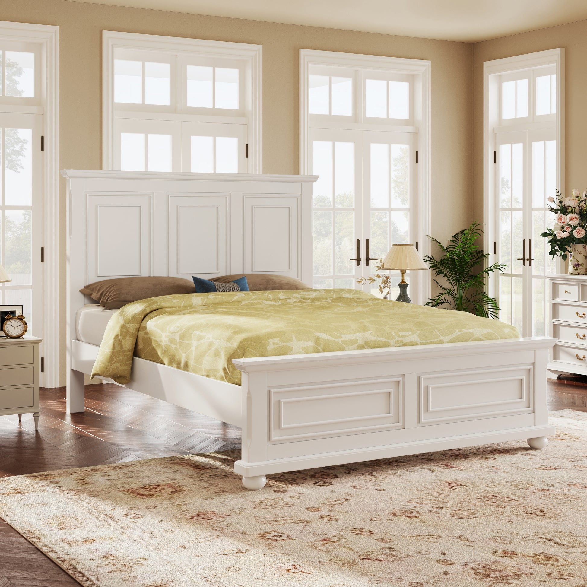 Traditional Town And Country Style Pinewood Vintage King Bed, White King White Pine