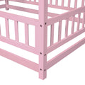 Full Size Floor Wooden Bed With House Roof Frame, Fence Guardrails ,Pink Full Pink Pine