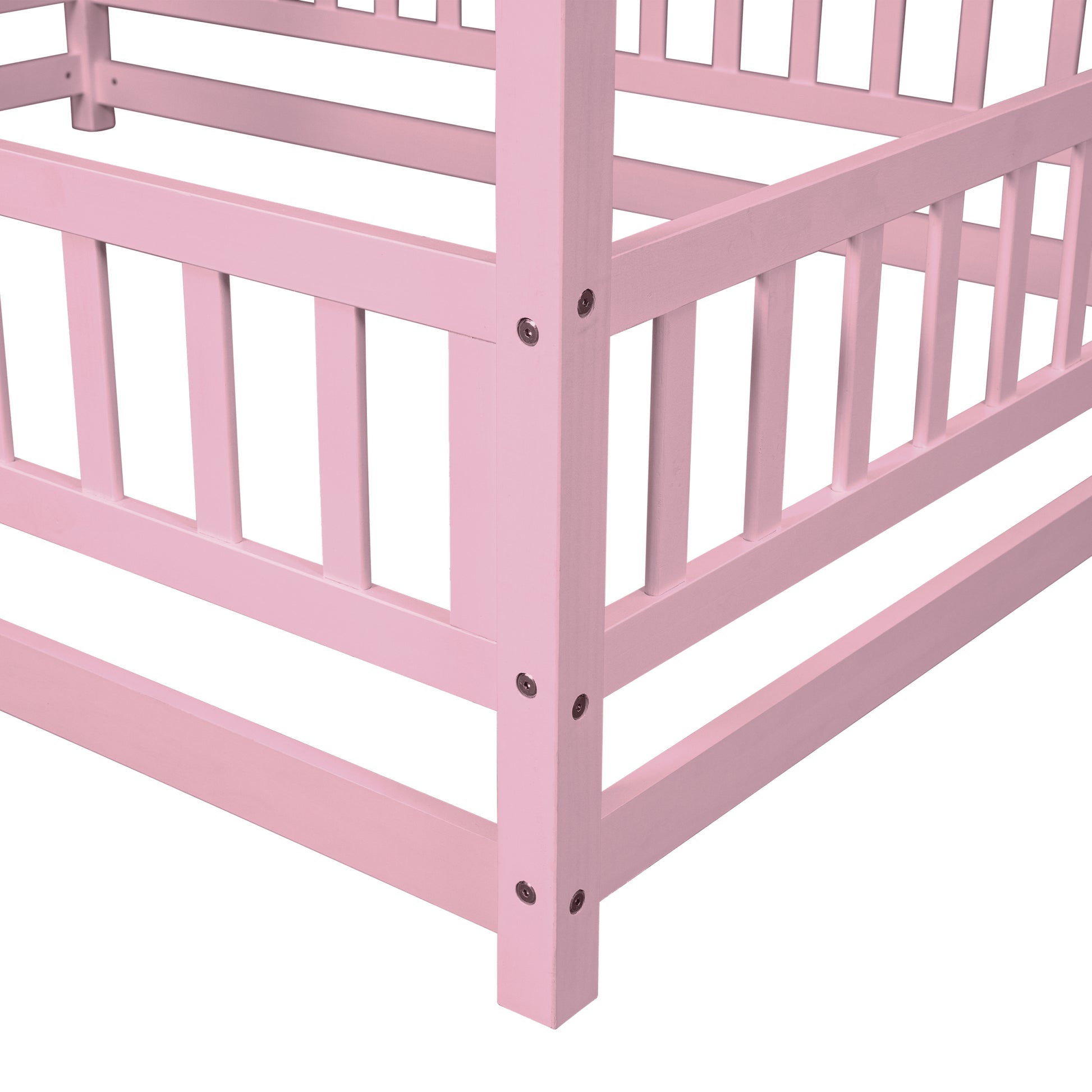 Full Size Floor Wooden Bed With House Roof Frame, Fence Guardrails ,Pink Full Pink Pine