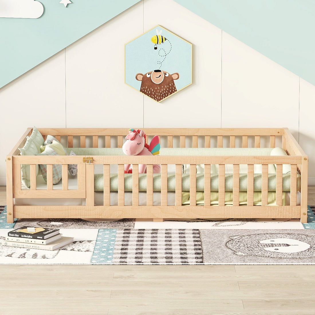 Full Size Bed Floor Bed With Safety Guardrails And Door For Kids, Natural Old Sku: W158090693 Full Natural Pine