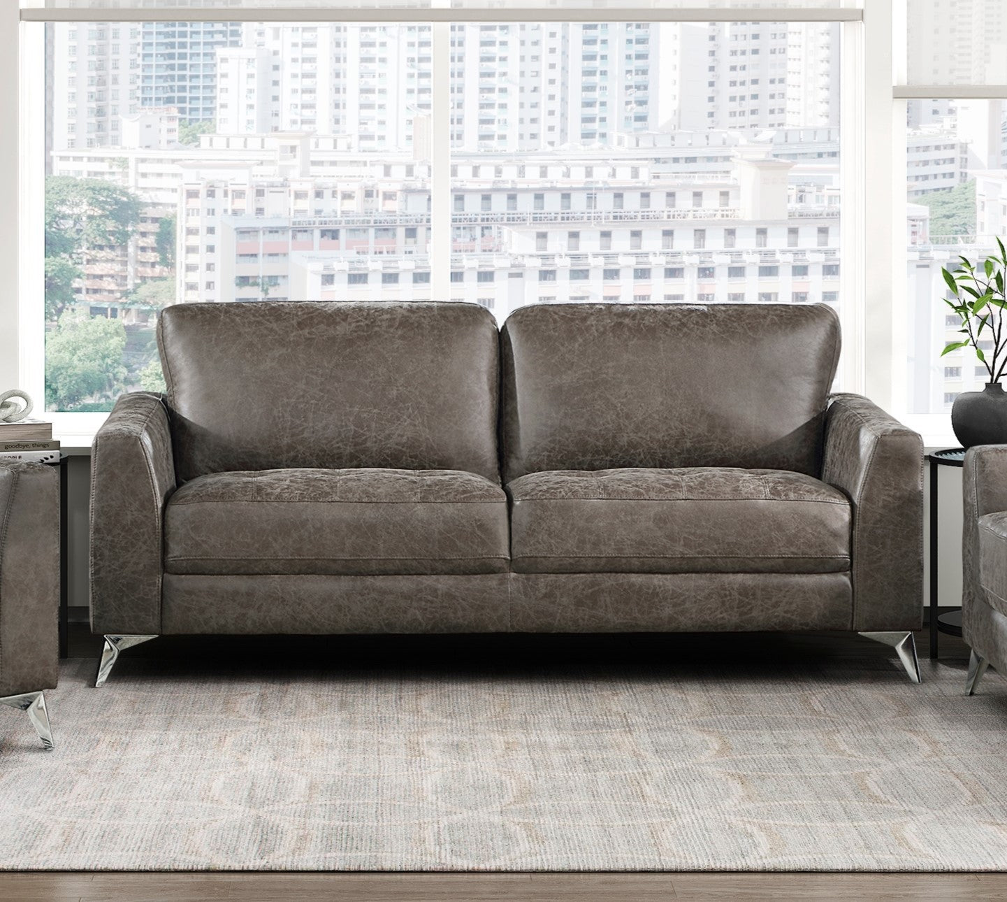 Brownish Gray Polished Microfiber Upholstery Elegant Modern Style Sofa 1Pc Solid Wood Living Room Furniture Silver Finish Metal Legs Brown Microfiber Wood Primary Living Space Modern Solid Wood 2 Seat