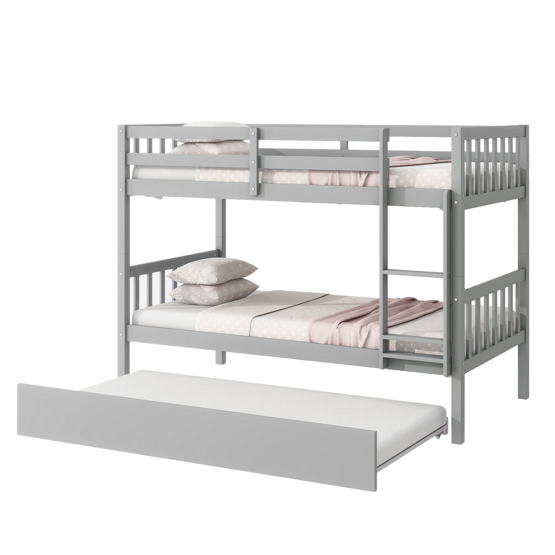 Twin Over Twin Rubber Wood Bunk Bed With Trundle, Convertible Into 2 Twin Size Beds, Twin Size Bunk Bed With Ladder And Safety Guardrails,Grey Twin Grey Rubber Wood