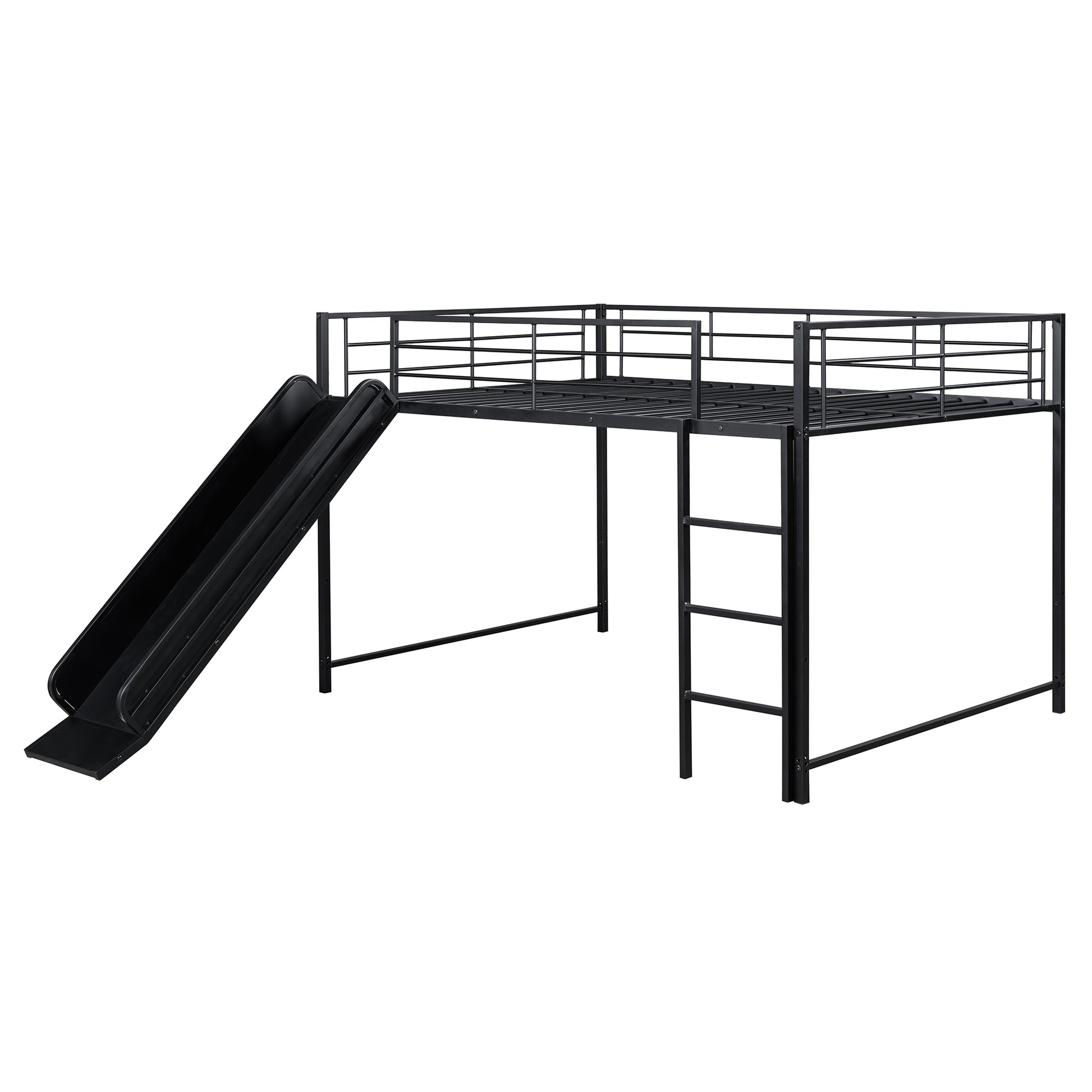 Full Over Full Size Metal Bunk Bed With Slide And Guardrails, Black Full Black Metal