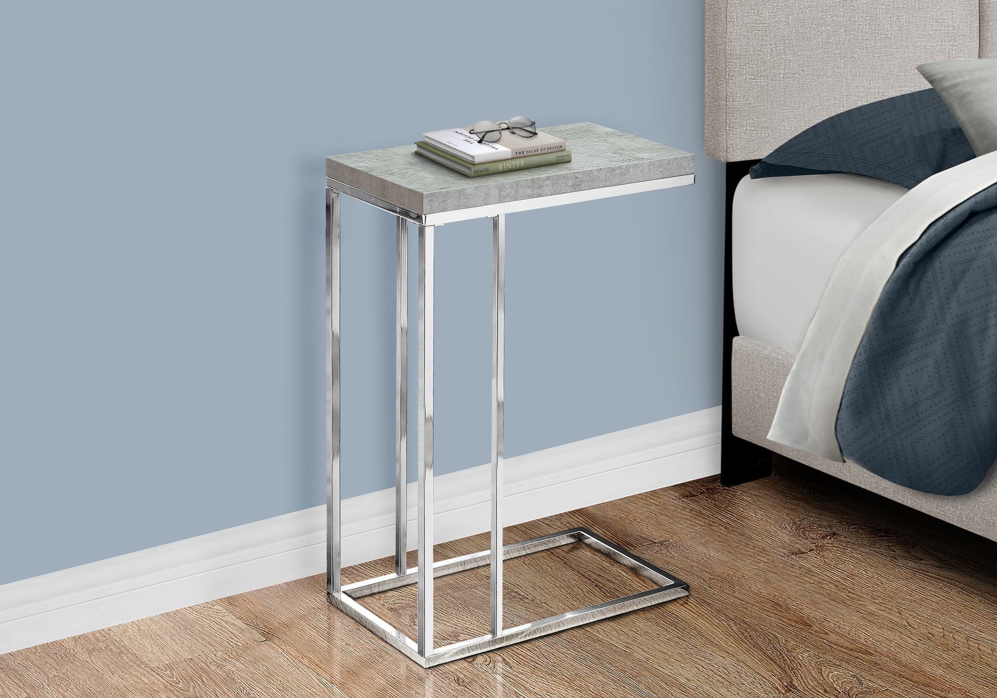 Accent Table, C Shaped, End, Side, Snack, Living Room, Bedroom, Grey Laminate, Chrome Metal, Contemporary, Modern Grey Particle Board