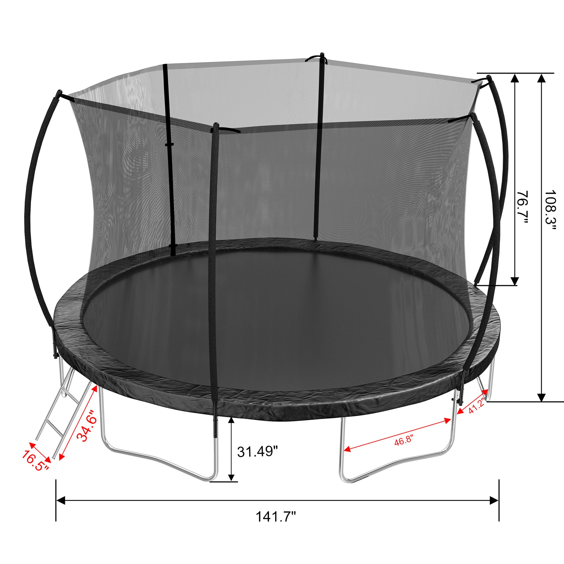 12Ft Trampoline Double Side Color Pad Trampoline For Kids And Adults With Enclosure Net And Ladder,Curved Fence Pole Black Steel Steel