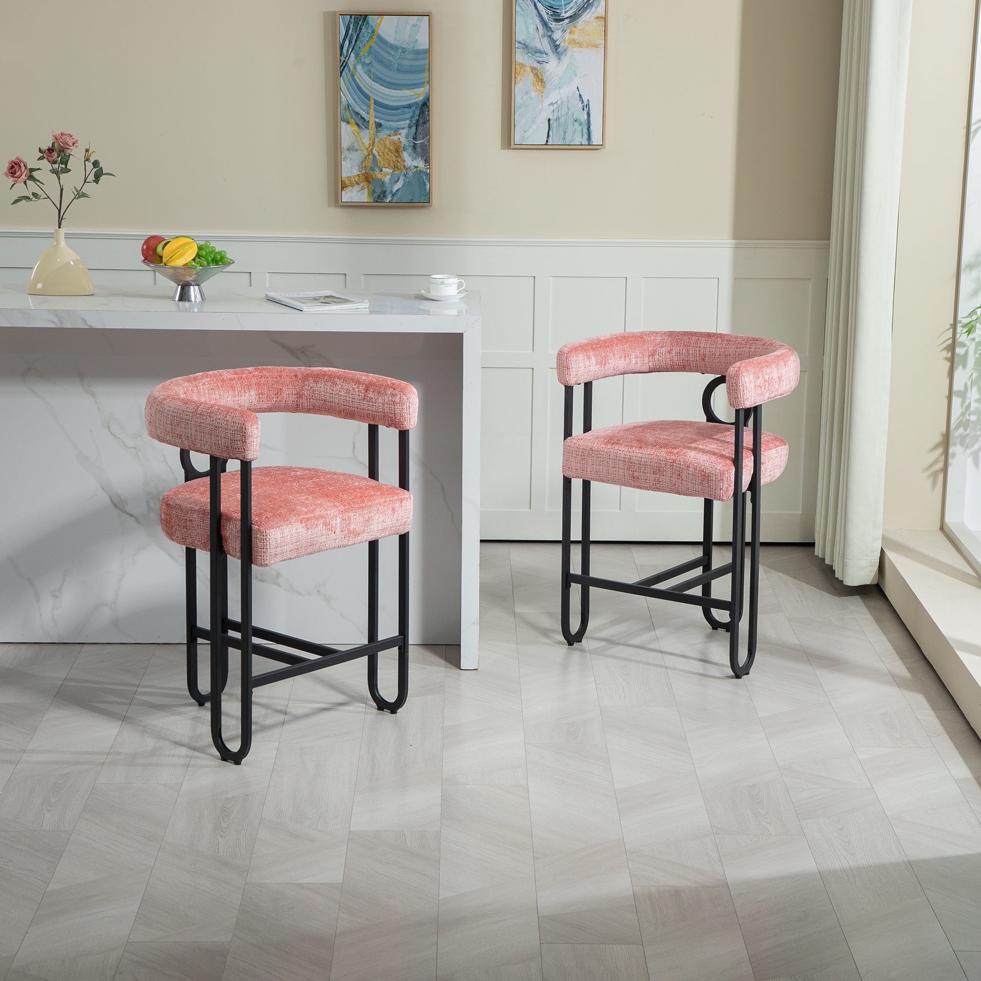 Coolmore Bar Stools Set Of 1, Modern Bar Stool With Back, Black Metal Frames, Upholstered Bar Stools For Kitchen Island, Pub, Club Pink Chenille Pink Primary Living Space Foam Chenille