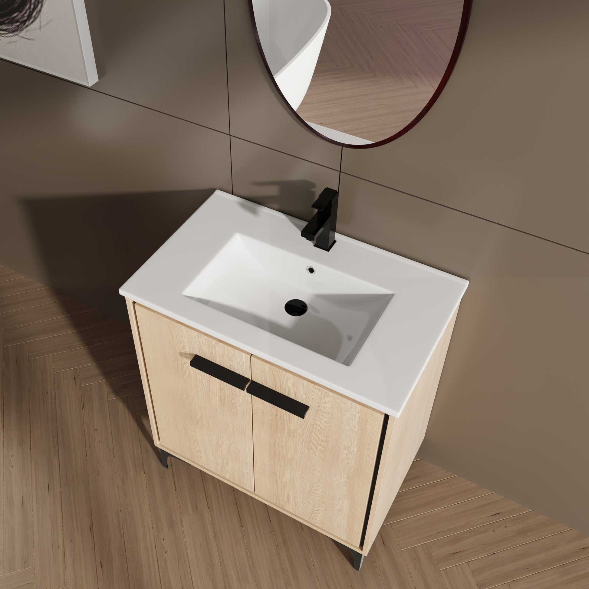 30 Inch Bathroom Vanity Base With Basin, Storage Cabinet With Doors, Engineered Wood Oak Bathroom American Design Ceramic Engineered Wood