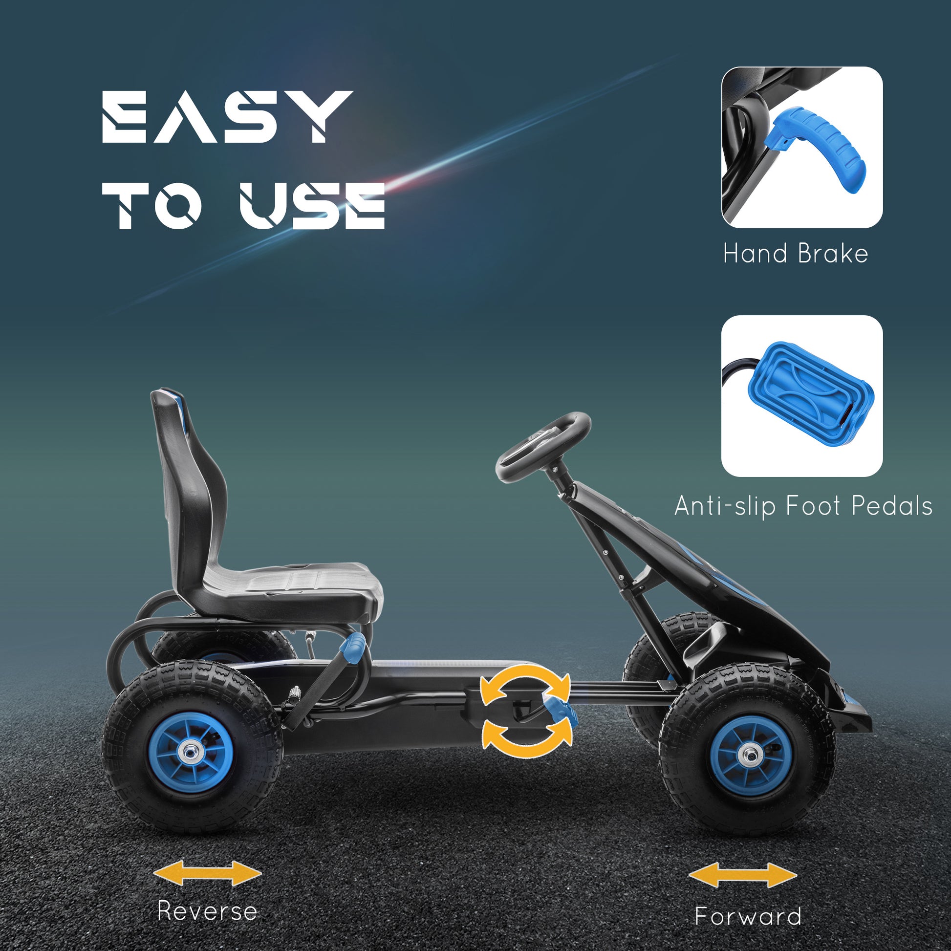 Aosom Kids Pedal Go Kart Ride On Toy With Ergonomic Comfort, Pedal Car With Tough, Wear Resistant Tread, Go Cart Kids Car For Boys & Girls With Suspension System, Safety Hand Brake, Ages 5 12, Blue