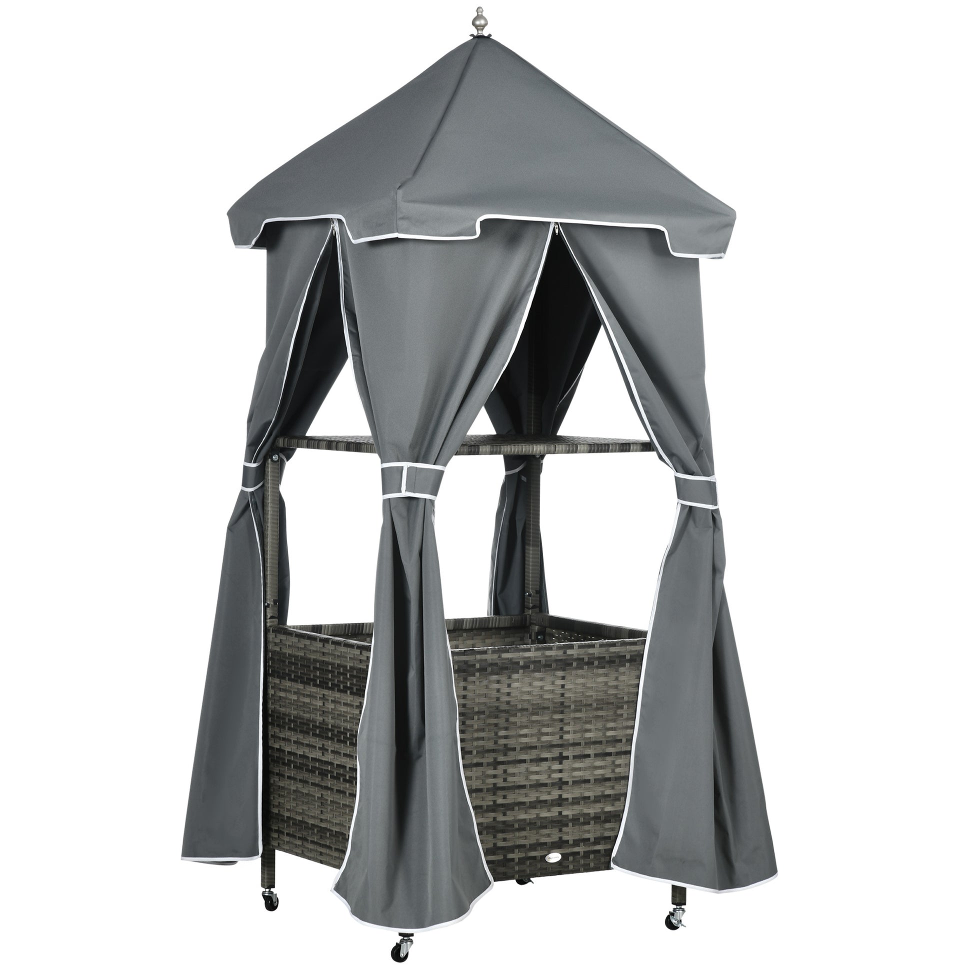 Outsunny Outdoor Towel Valet Caddy, Covered Poolside Towel Holder Rack, Shelf, Basket, Rolling Pe Rattan Wicker Storage On Wheels, Gray Gray Steel