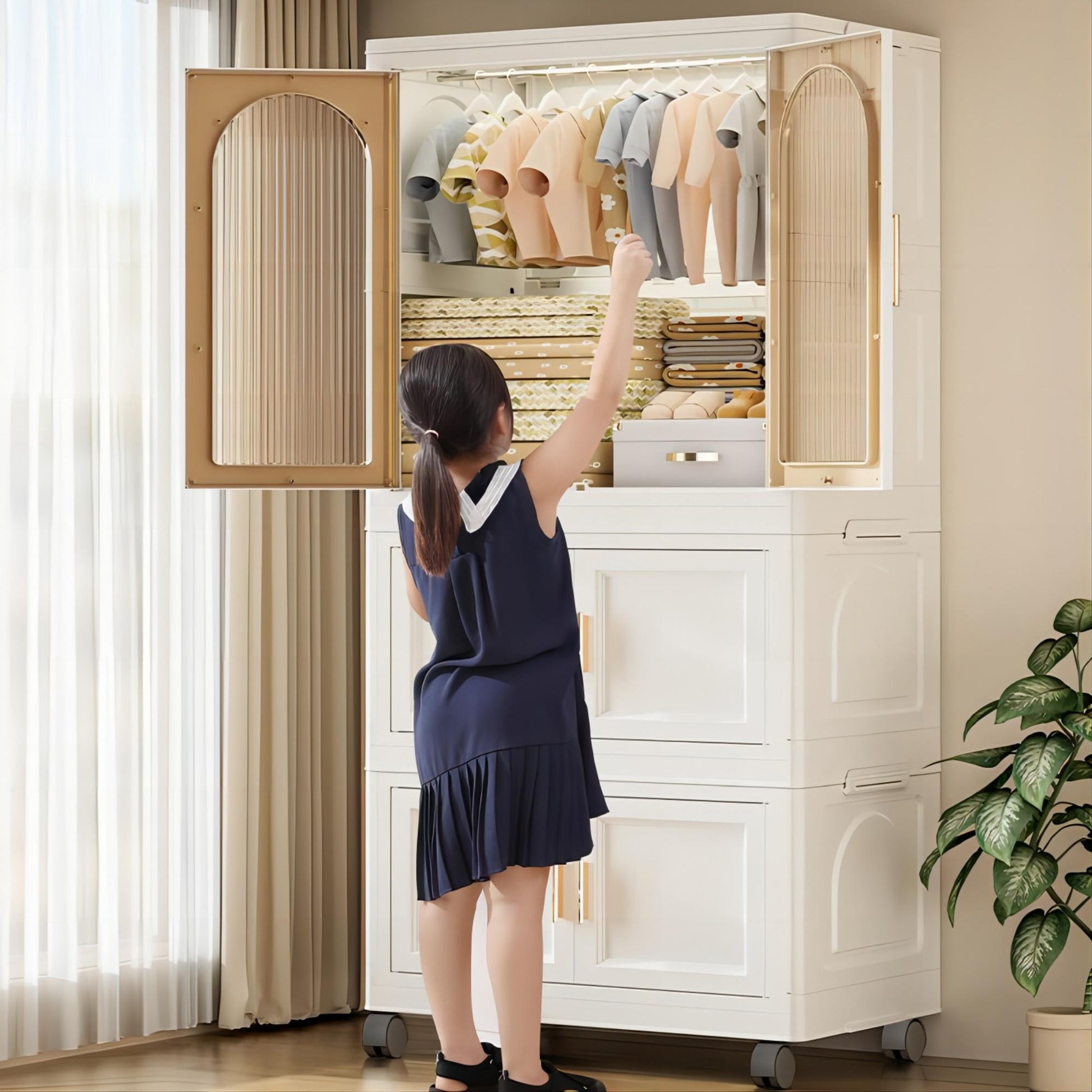 25.59" Side Wide Folding Wardrobe25.59" 15.75" 57.09", With Magnetic Door, Plastic Storage Cabinet With Wheels One Layer Of Wardrobe Two Layers Of Folding Boxes 10 Hangers Cream White Plastic