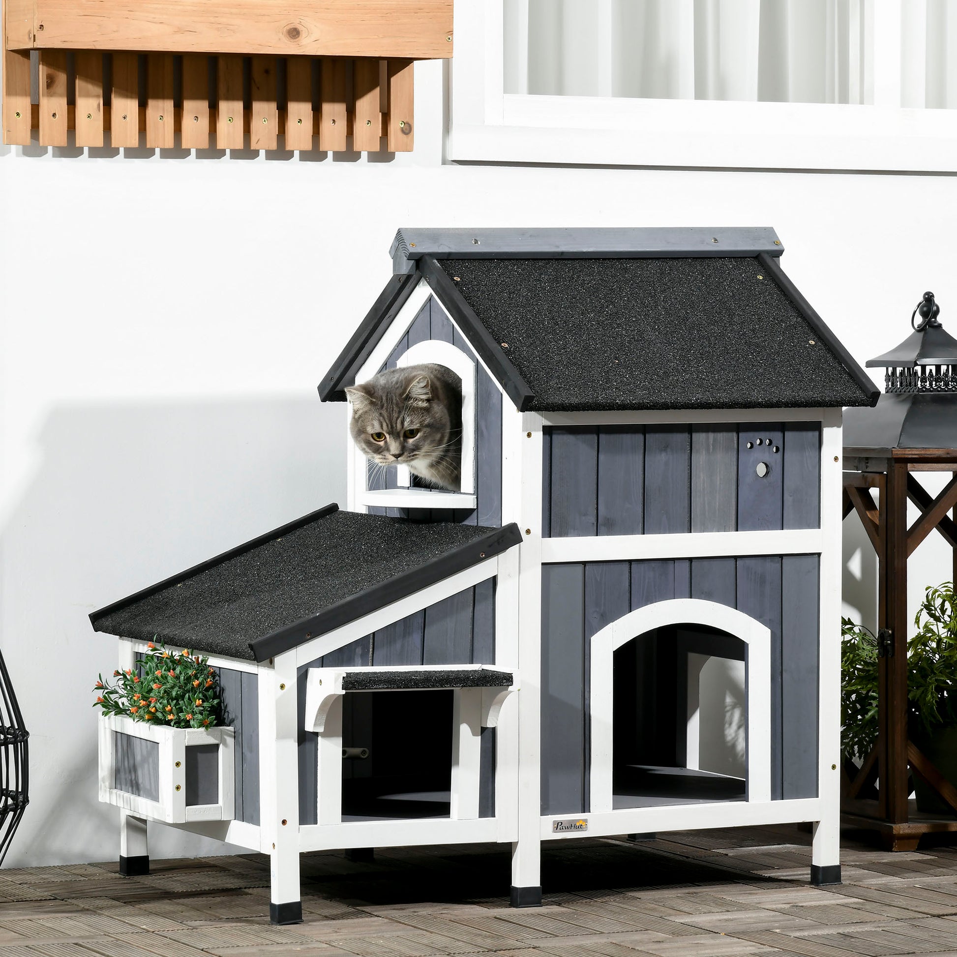 Pawhut Outdoor Cat House With Weather Resistant Roof & Garden Bed, Outdoor Cat Shelter Enclosure With Multiple Entrances, Modern Cat Furniture Hideout, Cat Gifts, Gray Gray Wood