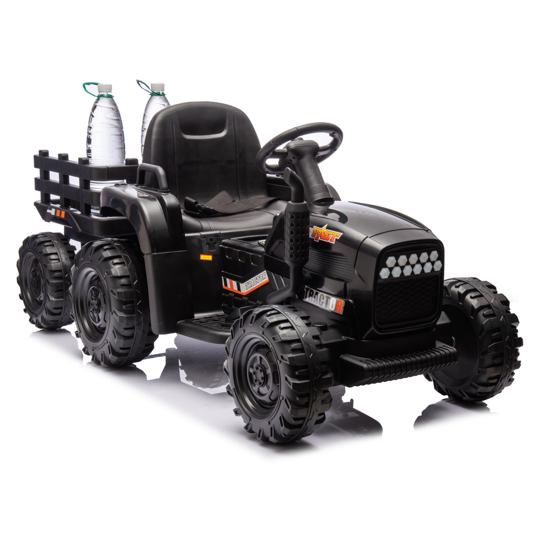 Ride On Tractor2.0 With Trailer,24V Battery Powered Electric Tractor Toy, 200W*2Motor 1.86 4.97Mph Remote Control,Electric Car For Kids,Three Speed Adjustable,Usb,Mp3 ,Bluetooth,Led Light, Safety Belt Black Polypropylene