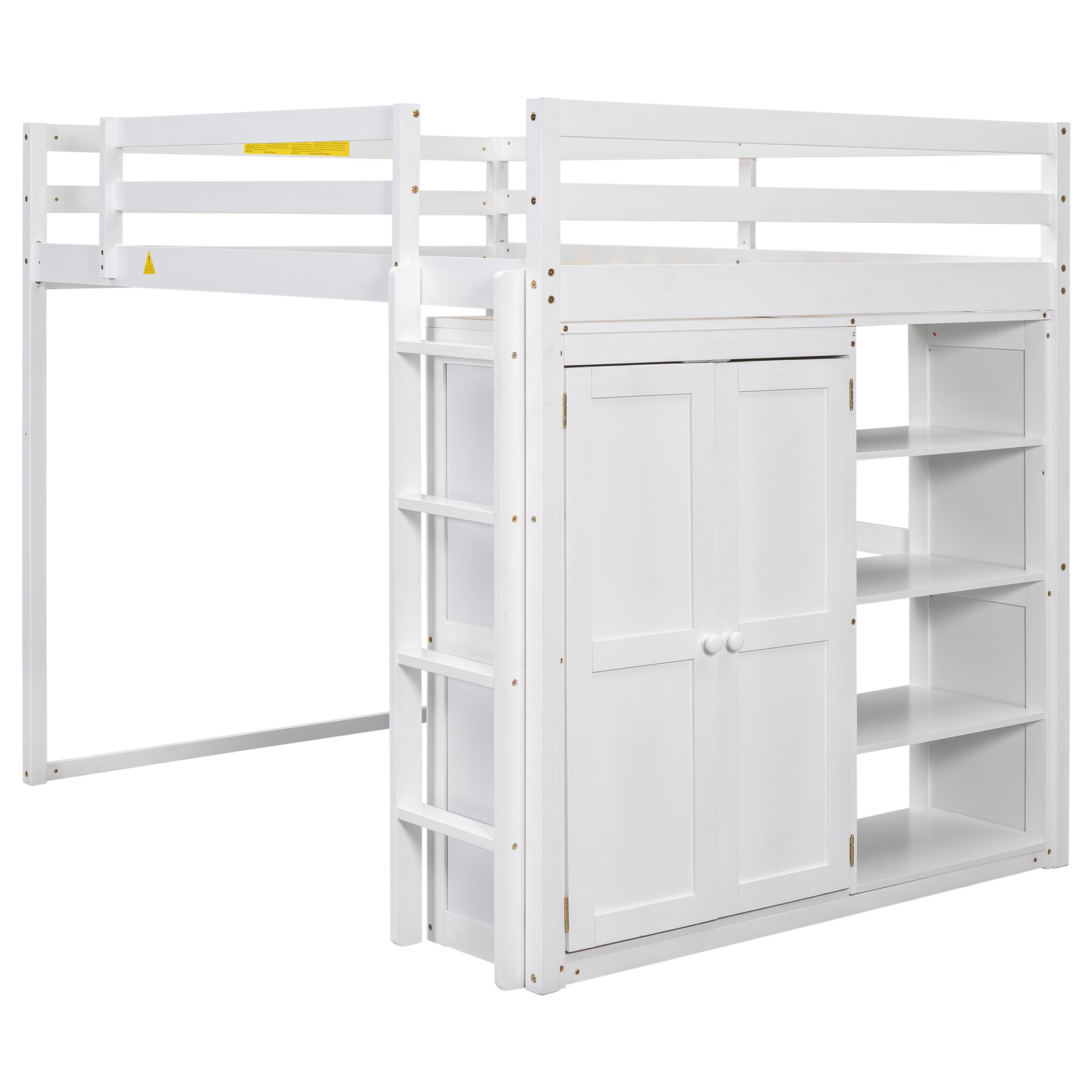 Wood Full Size Loft Bed With Built In Wardrobe And Storage Shelves, Led Light, White Box Spring Not Required Full White Wood Bedroom Bed Frame Solid Wood Mdf