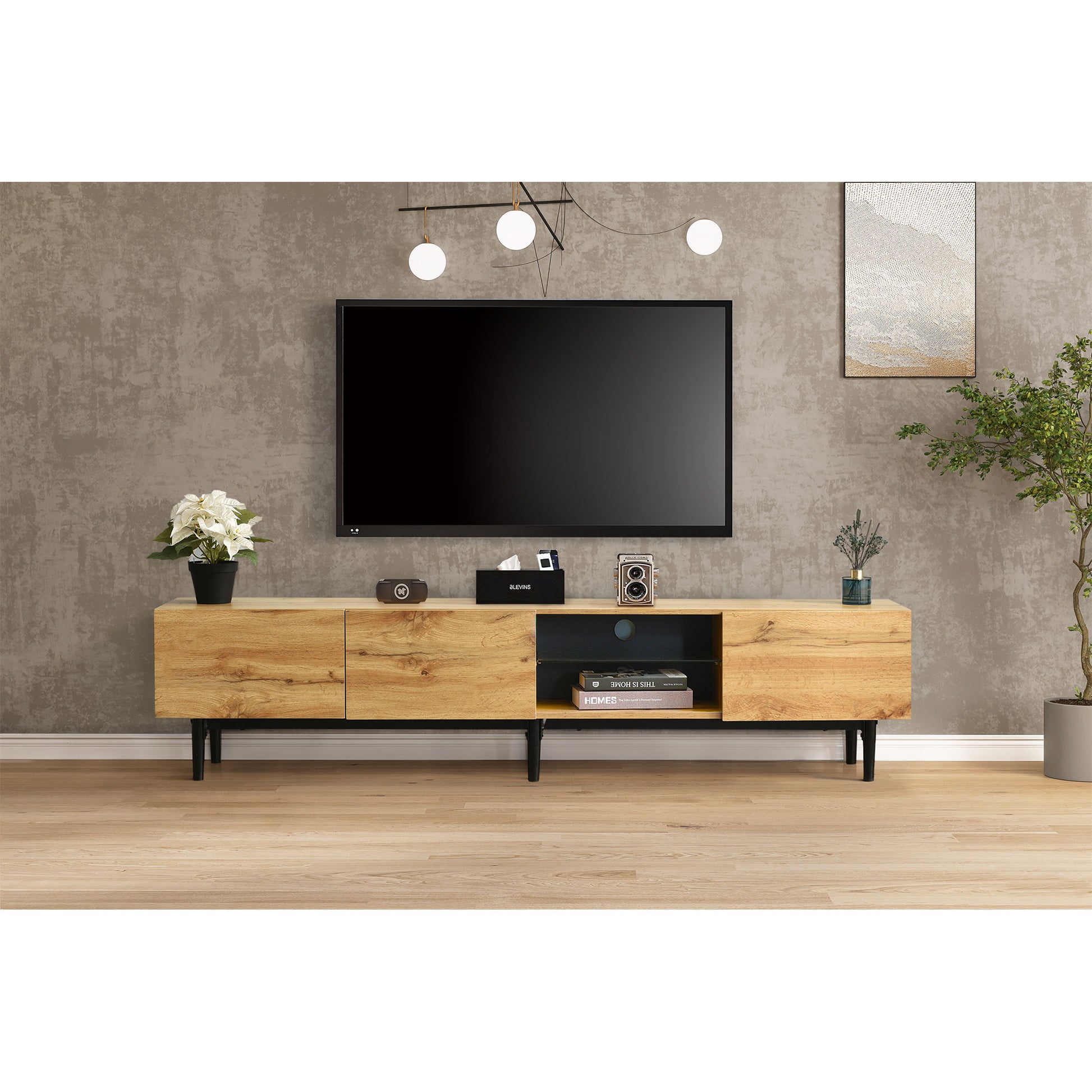 Modern Tv Stand With 4 Cabinets& Open Shelves, Color Matching Media Console Table For Tvs Up To 80'' With Led Light, Entertainment Center With Drop Down Door For Living Room, Bedroom, Home Theatre Wood Brown Primary Living Space 70 79 Inches 70 79 Inches