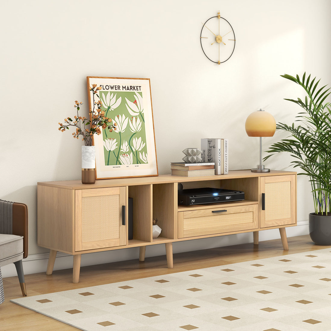 Rattan Tv Stand With 2 Cabinets & 2 Open Shelves, Rattan Inspired Media Console Table For Tvs Up To 80'', Entertainment Center With Solid Wood Legs, Tv Cabinet For Living Room, Bedroom, Home Theatre Natural Wood Primary Living Space 60 69 Inches 60 69