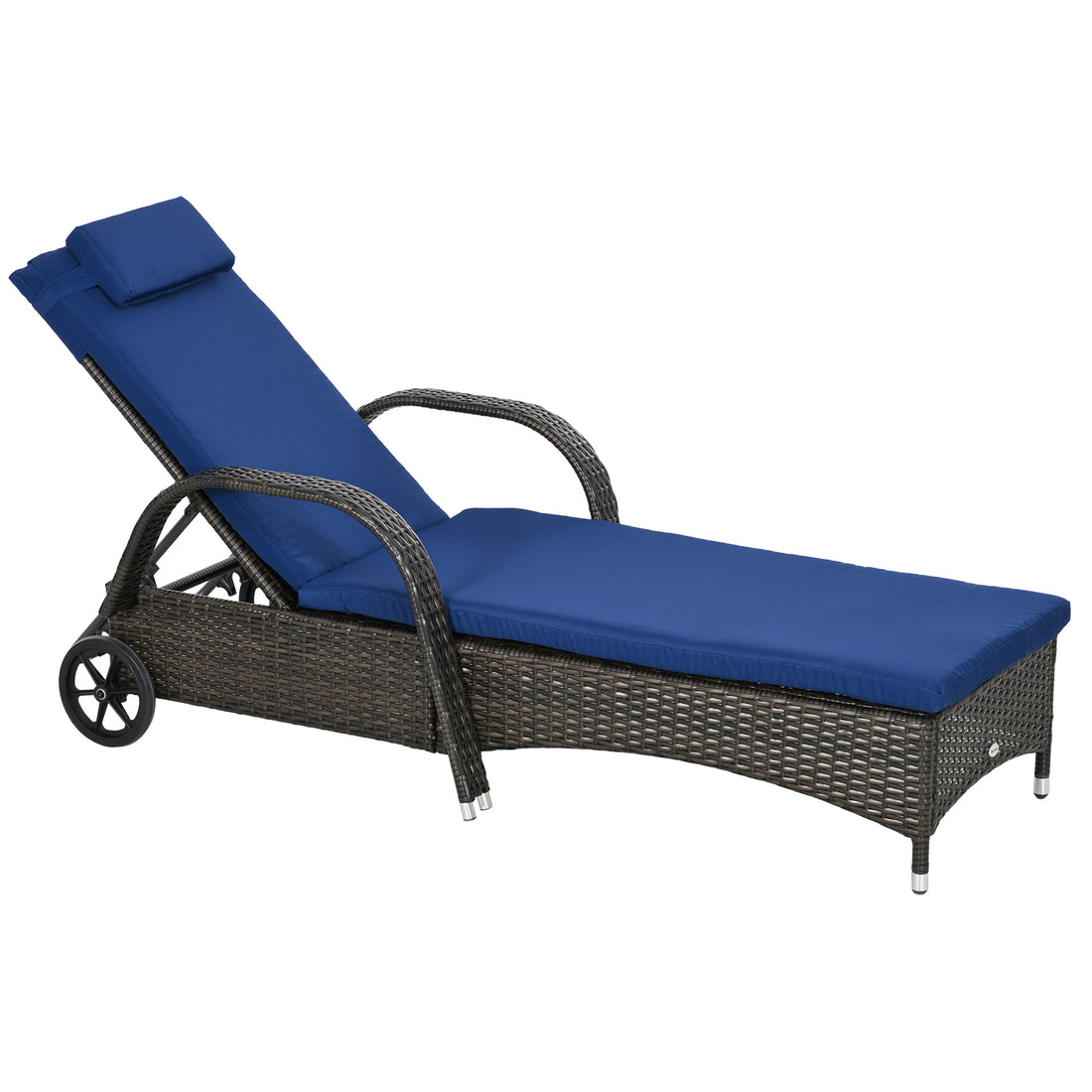 Outsunny Wicker Outdoor Chaise Lounge, 5 Level Adjustable Backrest Pe Rattan Pool Lounge Chair With Wheels, Cushion & Headrest, Brown And Dark Blue Multicolor Rattan