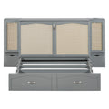 Full Size Murphy Bed Wall Bed With Drawer And Rattan Decoration With 2 Storage Cabinets, One Set Of Sockets & Usb Ports, Pulley Structure Design, Gray Full Gray Plywood