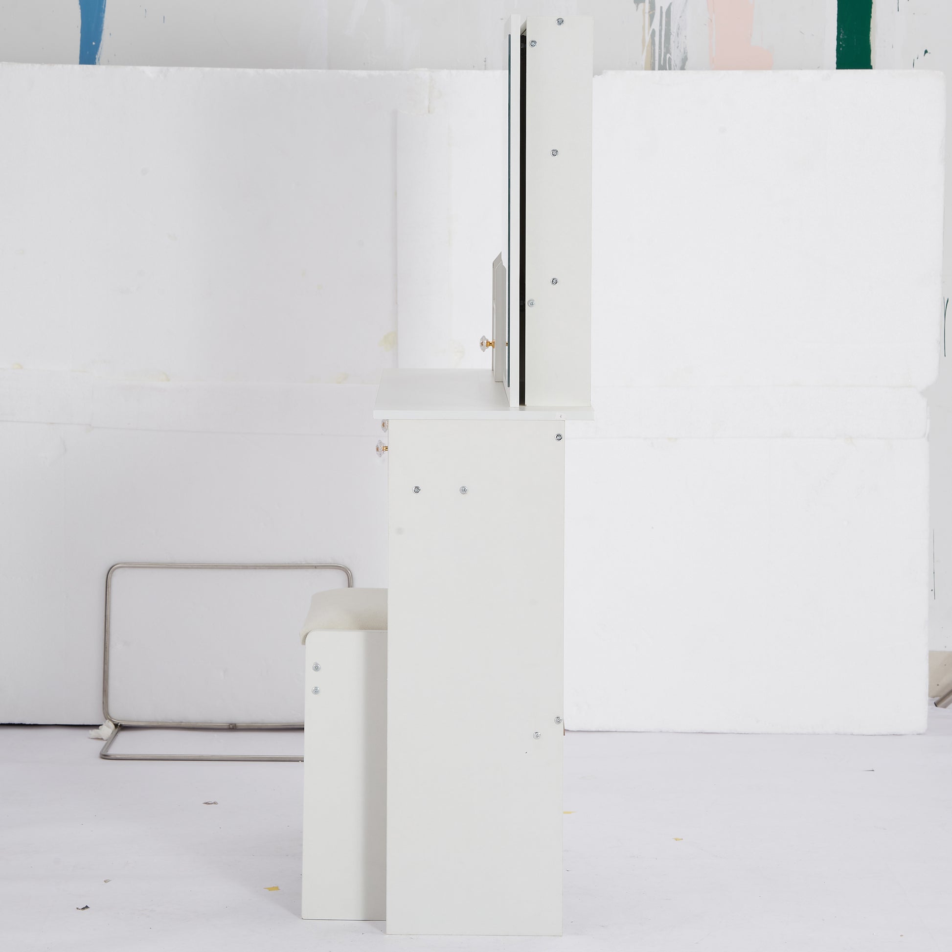 Small Size Left Drawer Desktop Vanity Table Cushioned Stool, Extra Large Sliding Mirror, Multi Layer, High Capacity Storage Fashionable Dresser, Suitable For Small Space, Epa,Gcc,Ul Certificate