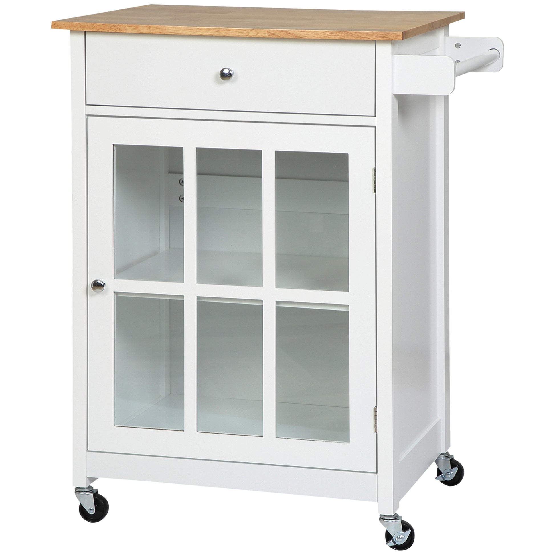 Homcom 27" Rolling Kitchen Island Cart With Drawer And Glass Door Cabinet, Kitchen Trolley With Adjustable Shelf And Towel Rack, White White Rubber Wood