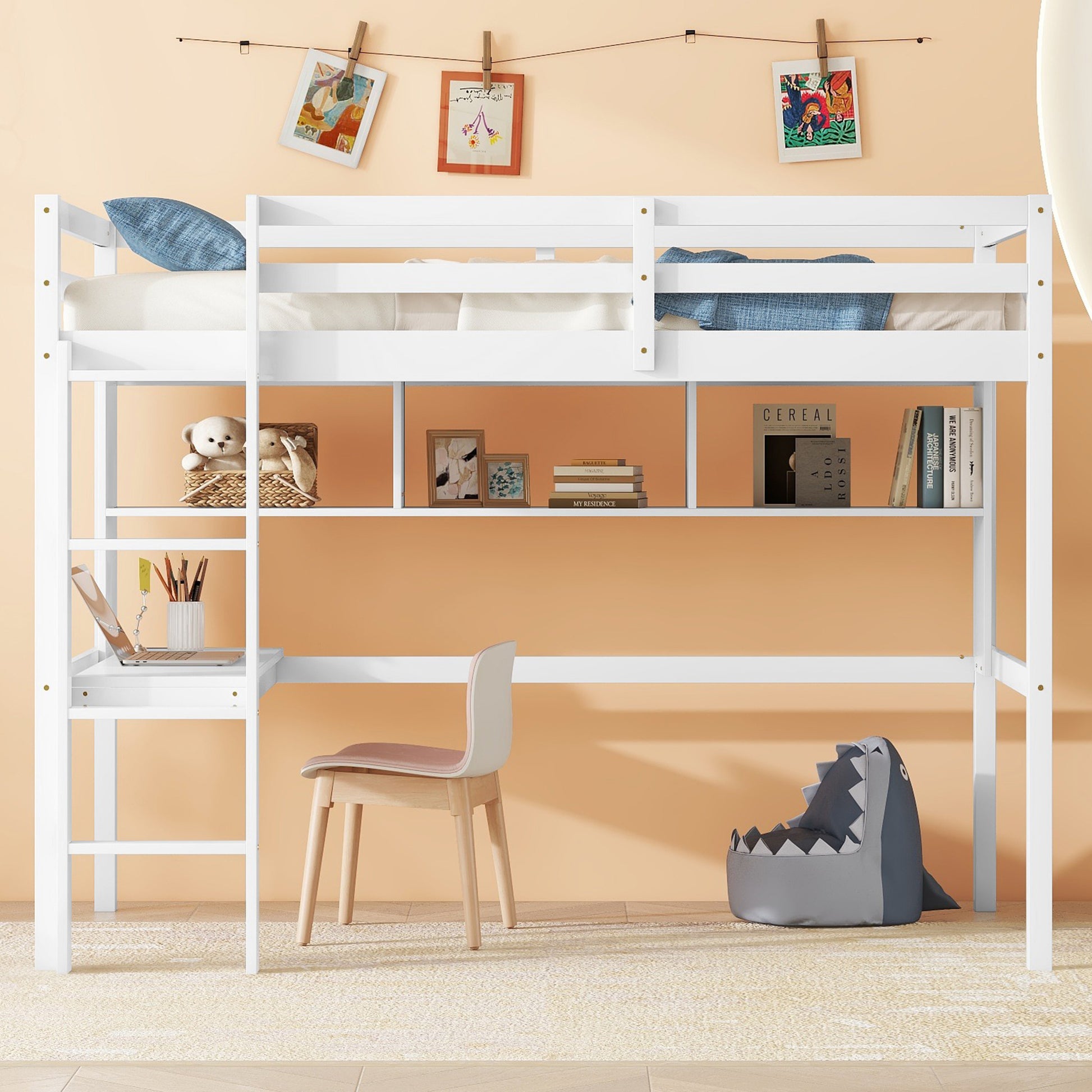 Twin Loft Bed With Built In Desk And Bookcase Of Three Compartments, Guardrails And Ladder,White Twin White Pine