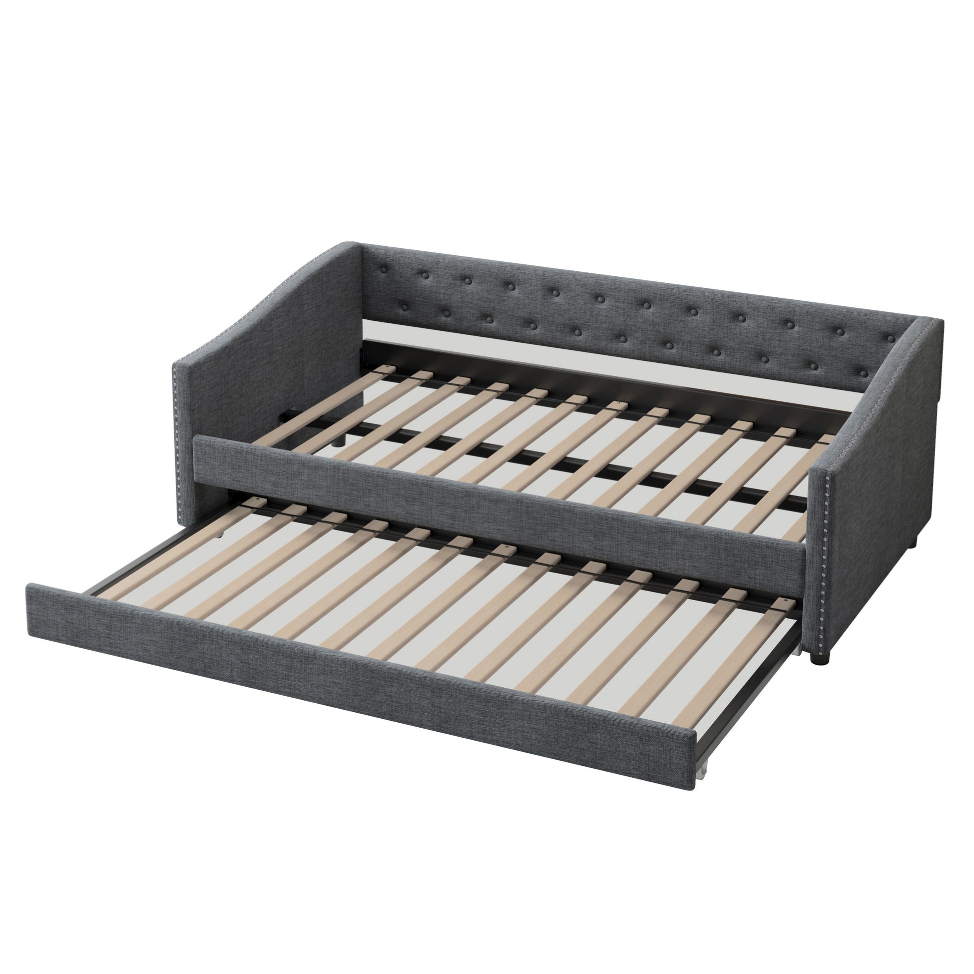 Twin Size Daybed With Twin Size Trundle Upholstered Tufted Sofa Bed, With Button On Back And Copper Nail On Waved Shape Arms Dark Grey Twin Dark Grey Wood Fabric