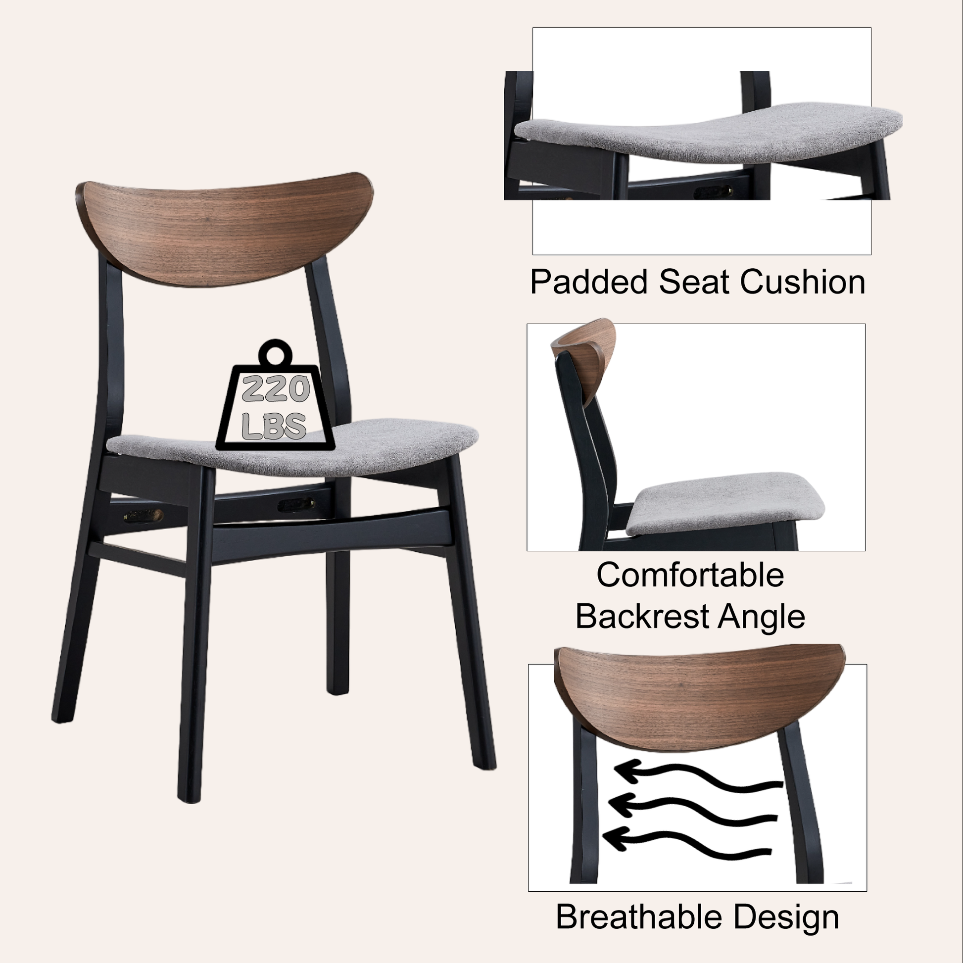 Rebi Gray Linen, Walnut & Black Finish Side Chair Set Of 2 Black,Gray,Walnut Linen,Synthetic Wood
