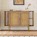 2 Door Elegant Curved Dining Cabinet With Gold Trim And Woven Rattan Doors For Dining Room Natural Natural Particle Board