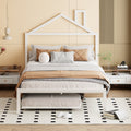 Full Size Metal Platform Bed With Twin Size Trundle,House Shaped Headboard Design, White Full White Metal