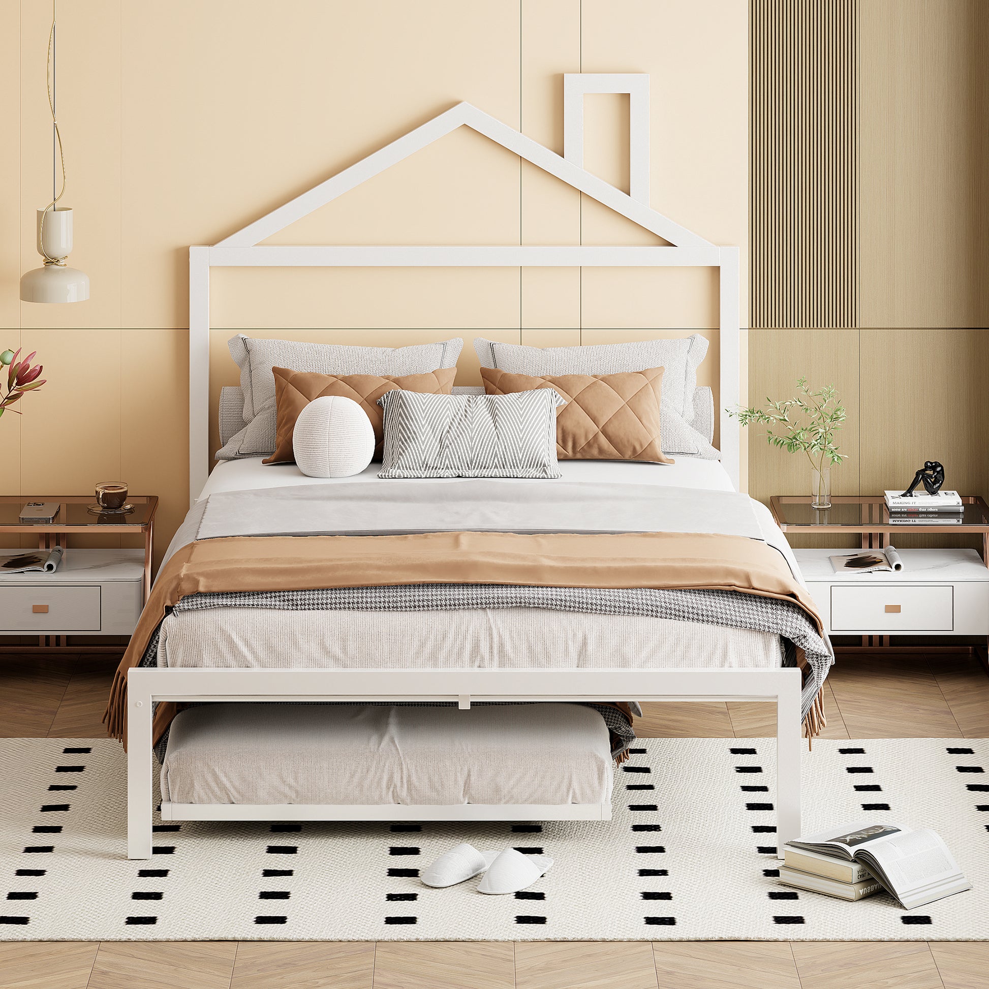 Full Size Metal Platform Bed With Twin Size Trundle,House Shaped Headboard Design, White Full White Metal