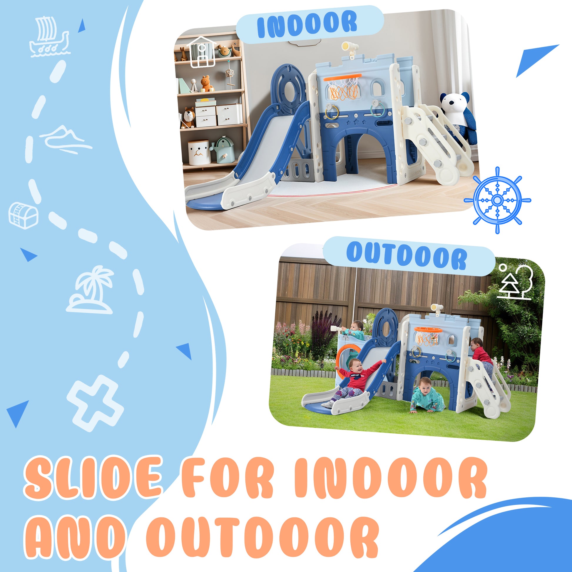 9 1 Toddler Slide Set,Kids Slide For Toddlers Ages 1 , Basketball Hoop, Tunnel And Storage Space, Pirate Themed Slide Indoor& Outdoor Blue 100 149 Lbs Cute 1 To 2 Years Hdpe Indoor & Outdoor Use