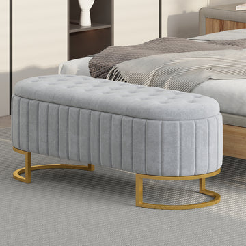 Elegant Upholstered Velvet Storage Ottoman With Button Tufted,Storage Bench With Metal Legs For Bedroom,Living Room,Fully Assembled Except Legs,Grey Grey Velvet