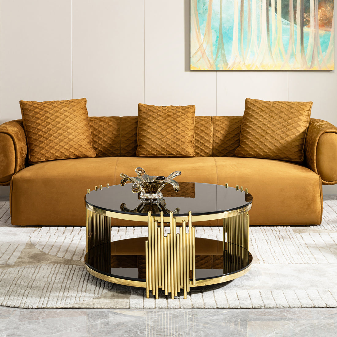 Double Layer Black Tempered Glass Top Stainless Steel Round Coffee Table For Living Room Gold Black Contemporary Round Shelves Coffee & End Tables Polished Stainless Steel