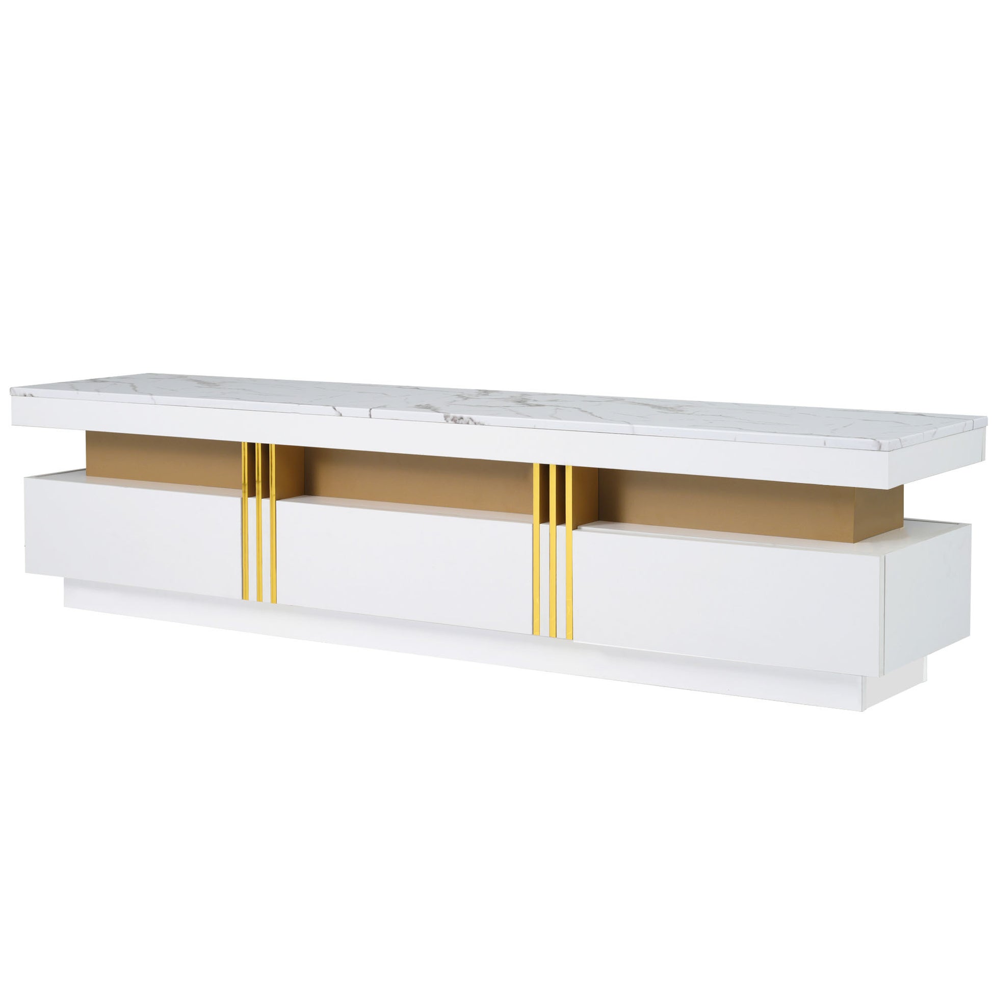 Luxury Tv Stand With High Gloss Faux Marble Top For Tvs Up To 78'', Rectangle Media Console With Golden Panel Design, Practical Entertainment Center With 3 Drawers For Living Room, White White Gold 70 79 Inches 70 79 Inches Mdf