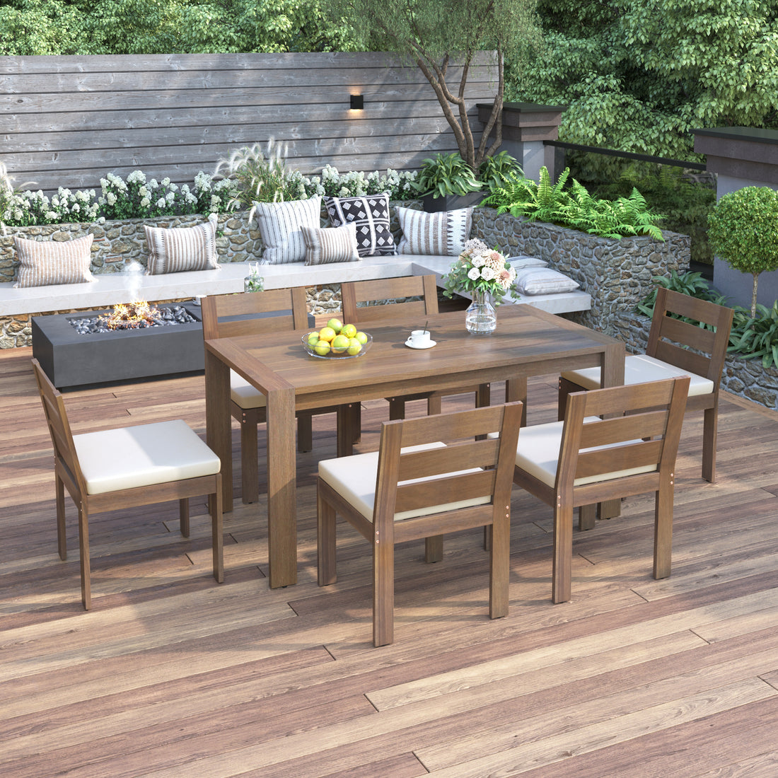 7 Piece Acacia Wood Outdoor Dining Set, Suitable For Patio, Balcony, Backyard Natural Acacia Wood