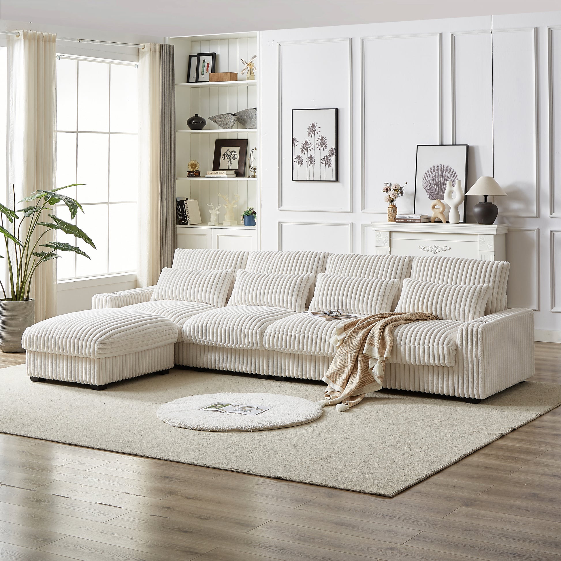 128 Inch Corduroy With Cup Holder Super Large L Shaped Sofa, Movable Footrest, Four Waist Pillows And Four Back Cushion, With Usb Port And T Pyce Port Beige Corduroy 3 Seat