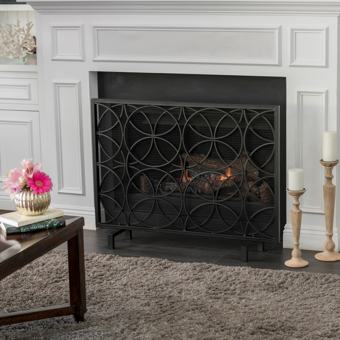 Thayer Single Panel Iron Fireplace Screen Black Primary Living Space American Design,Antique,Classic Iron