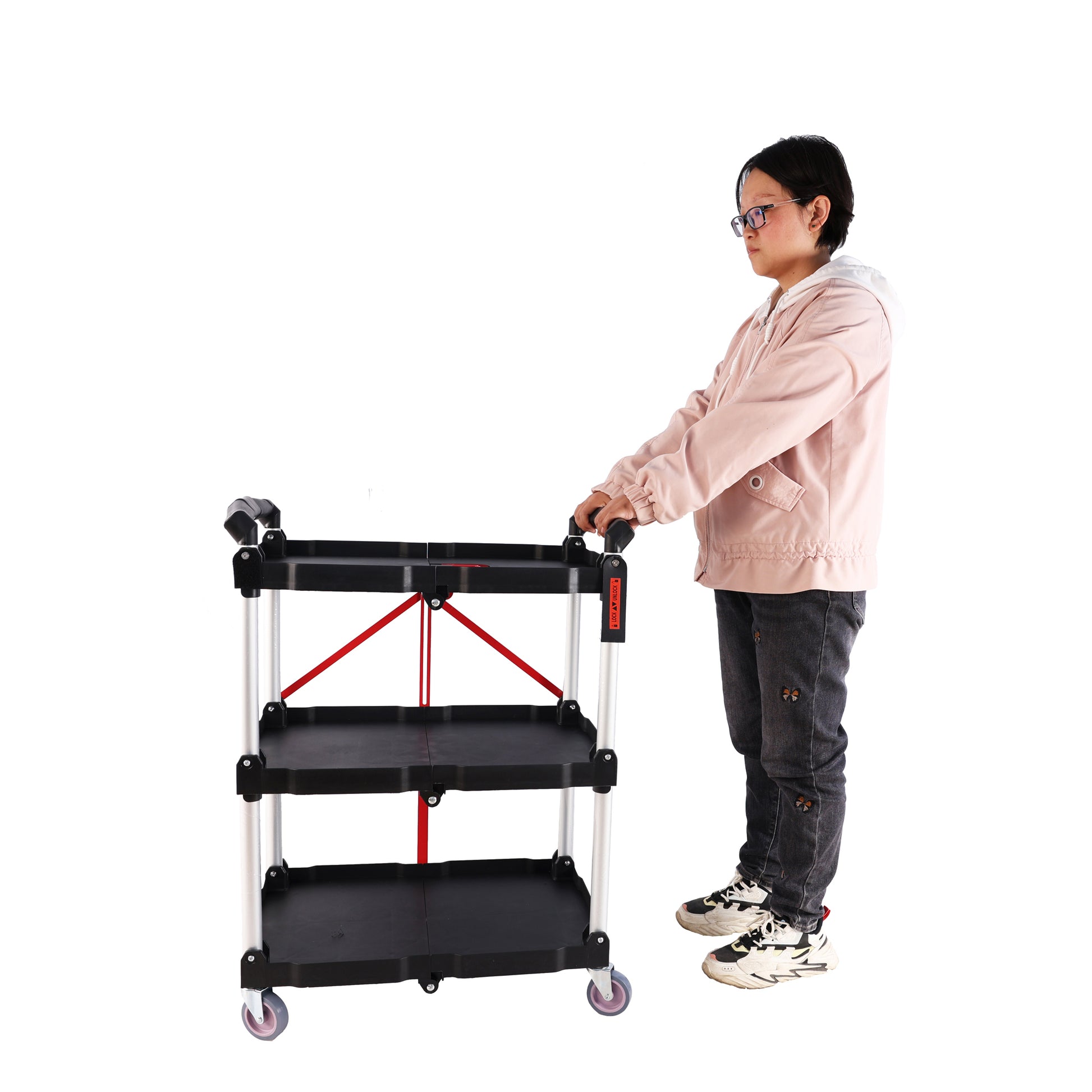 Folding Service Car With Wheels, Three Layer Practical Trolley, Folding Storage Cart, Suitable For Family, Garage, Restaurant, Hotel, Kitchen, Warehouse. No Assembly Required. Black Blue Plastic