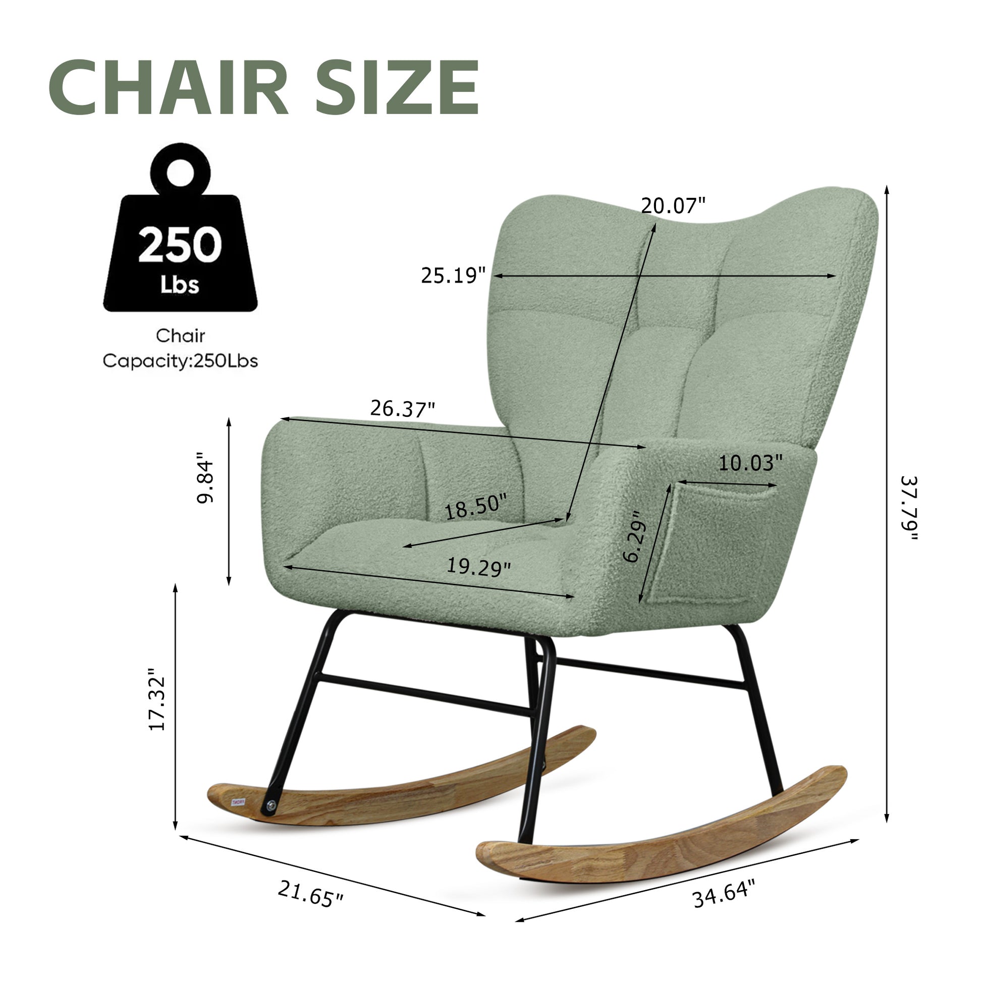 Teddy Fabric Rocking Chair, Modern Rocking Accent Chair For Nursery, Living Room, Bedroom, Light Geen Metal Light Green Bedroom Foam Modern Rocking Chairs Rubberwood Foam Wood Metal