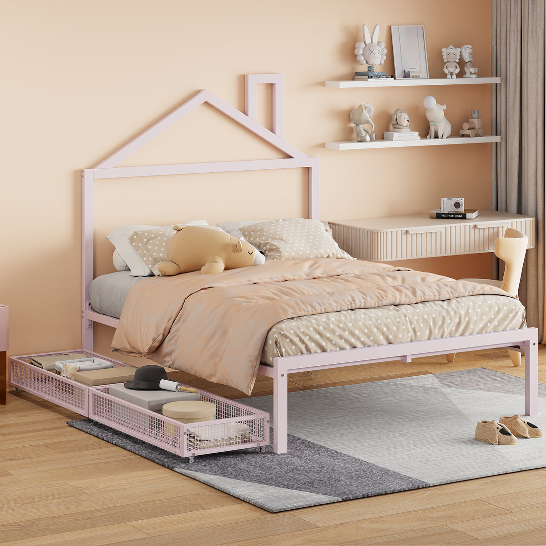 Full Size Metal Platform Bed With Two Drawers,House Shaped Headboard Design, Pink Full Pink Metal