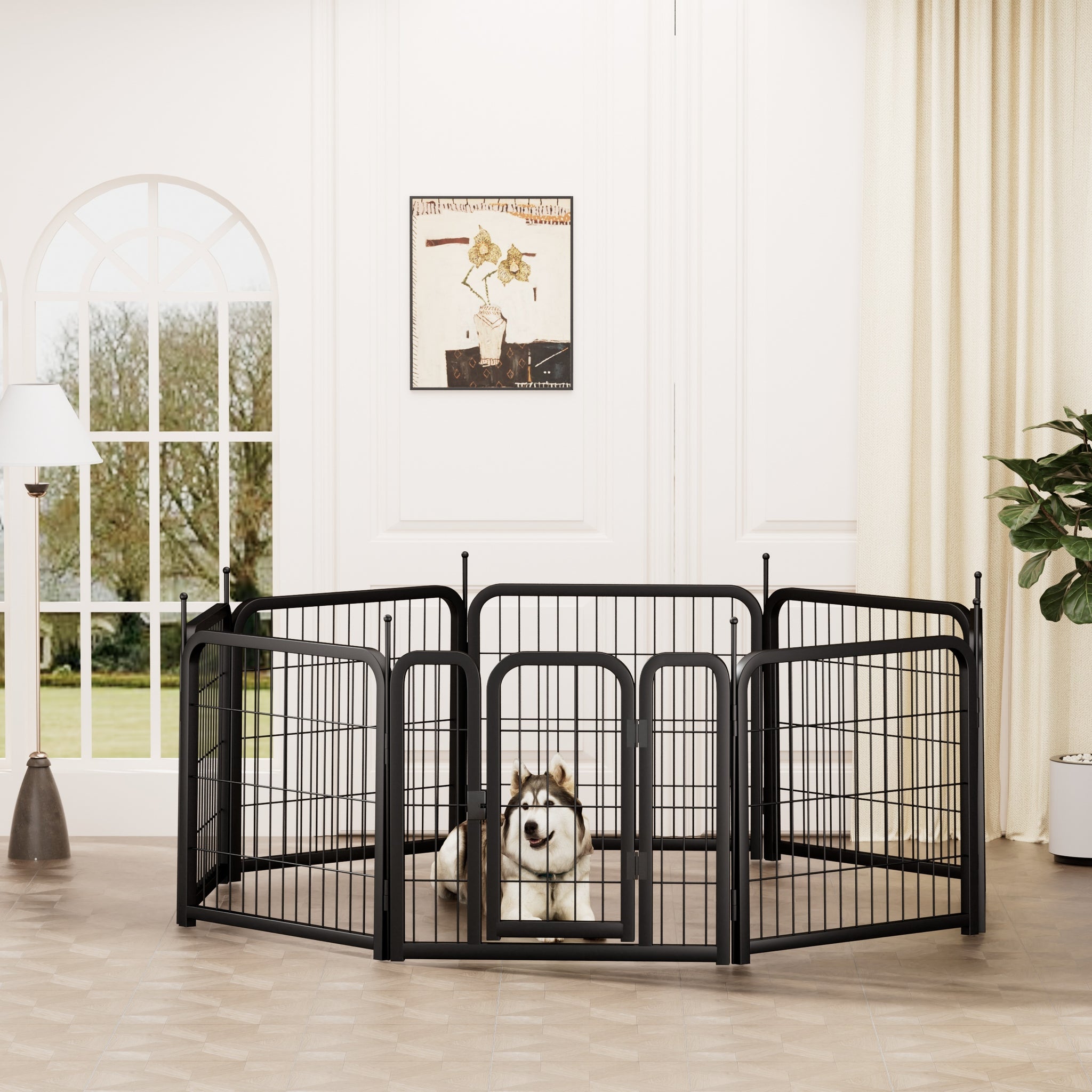 Dog Playpen Outdoor, 8 Panel Dog Fence 24" Pet Pen For Small Dogs Pet Exercise Pen For Puppy Rabbit Small Animals Portable Playpen For Rv Camping Garden Yard, Indoor. Black, 22.2'' W X 23.6'' H. Black Iron