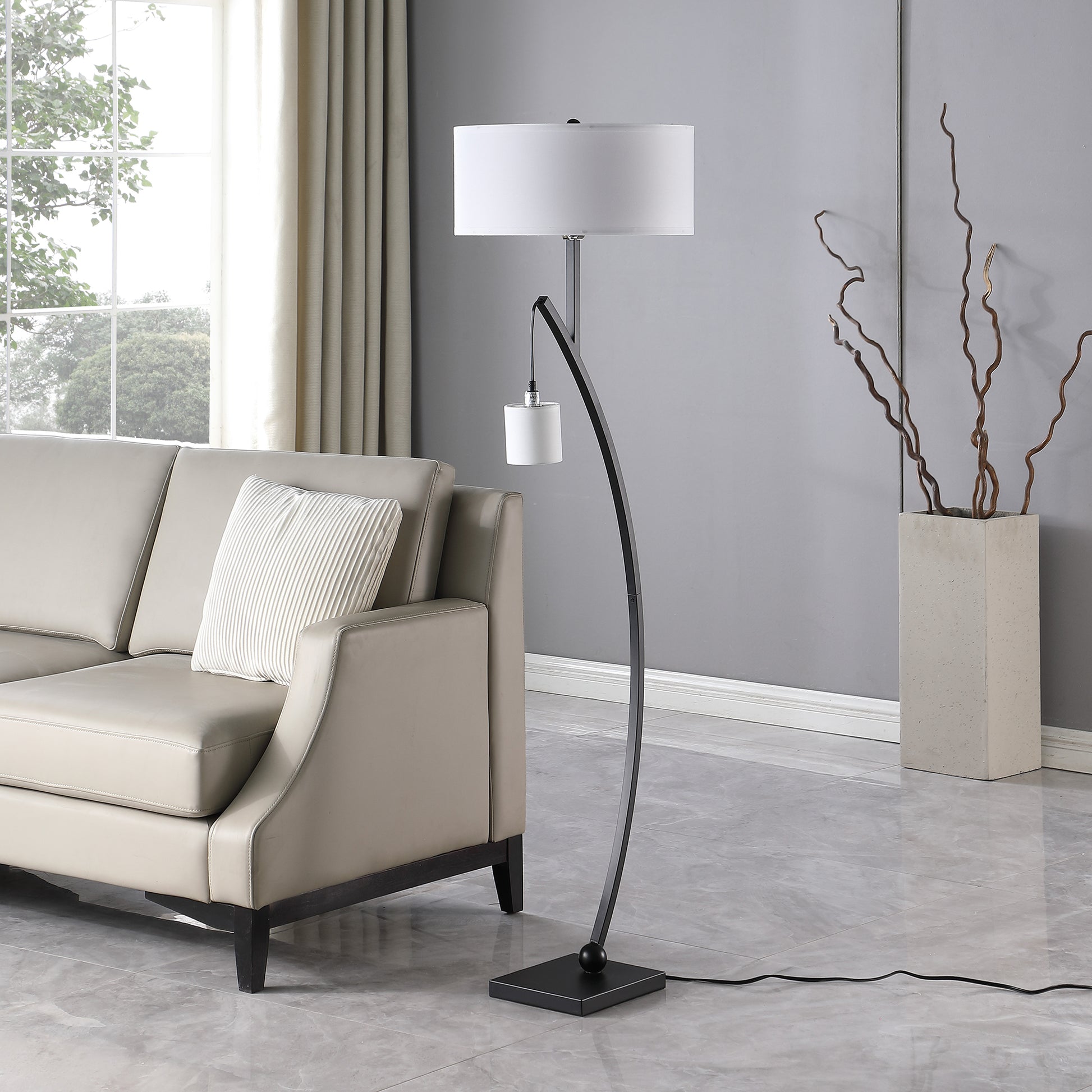 59" In Contemporary Dual Black Arc W Hanging Pendelum Lamp Metal Floor Lamp Matte Black Fabric Metal