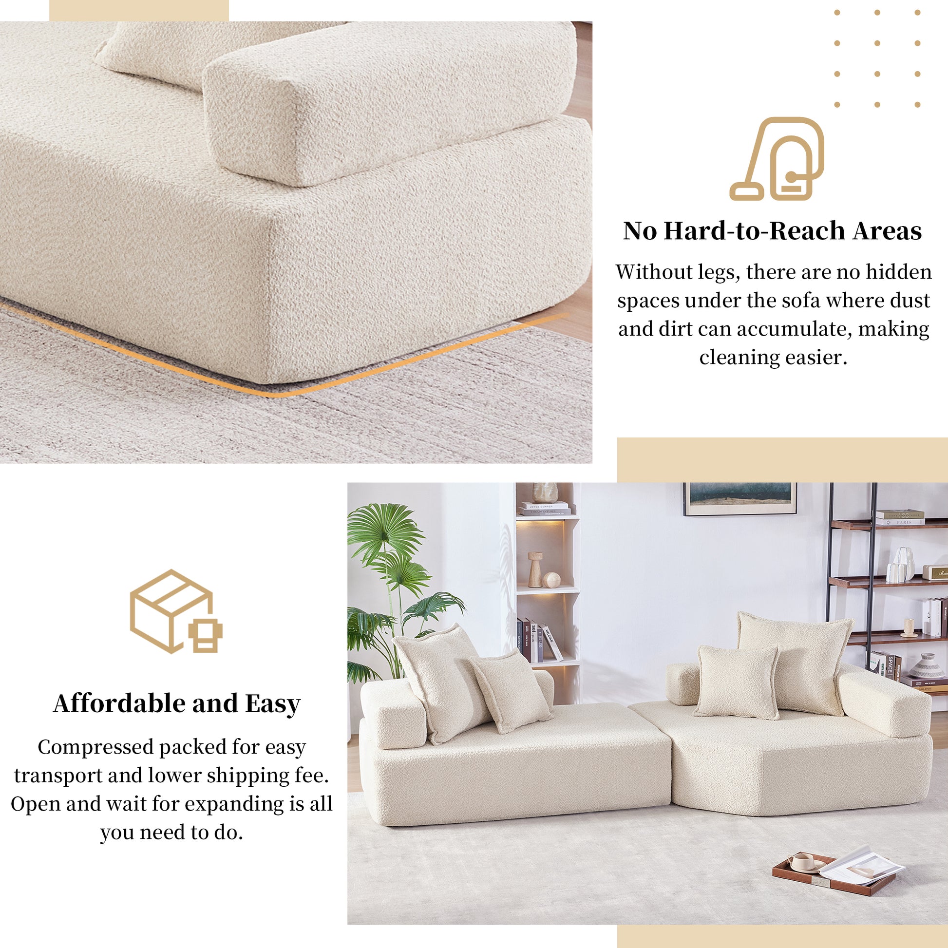 Oversized Modular Sectional Sofa,Luxury Boucle Floor Couch Set,Convertible Sleeper Couch,Spacious Foam Filled Sofa Bed For Living Room,2 Pc Free Combination,2 Colors Beige Boucle 4 Seat