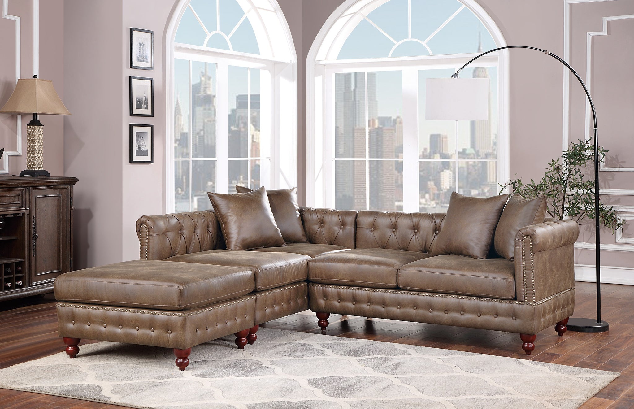 Dark Coffee 3Pc Sectional Set 2X Reversible Loveseat Chaise And 1X Ottoman Tufted Couch Pillows Dark Coffee Faux Leather Wood Primary Living Space Tight Back Contemporary,Luxury,Traditional L Shaped