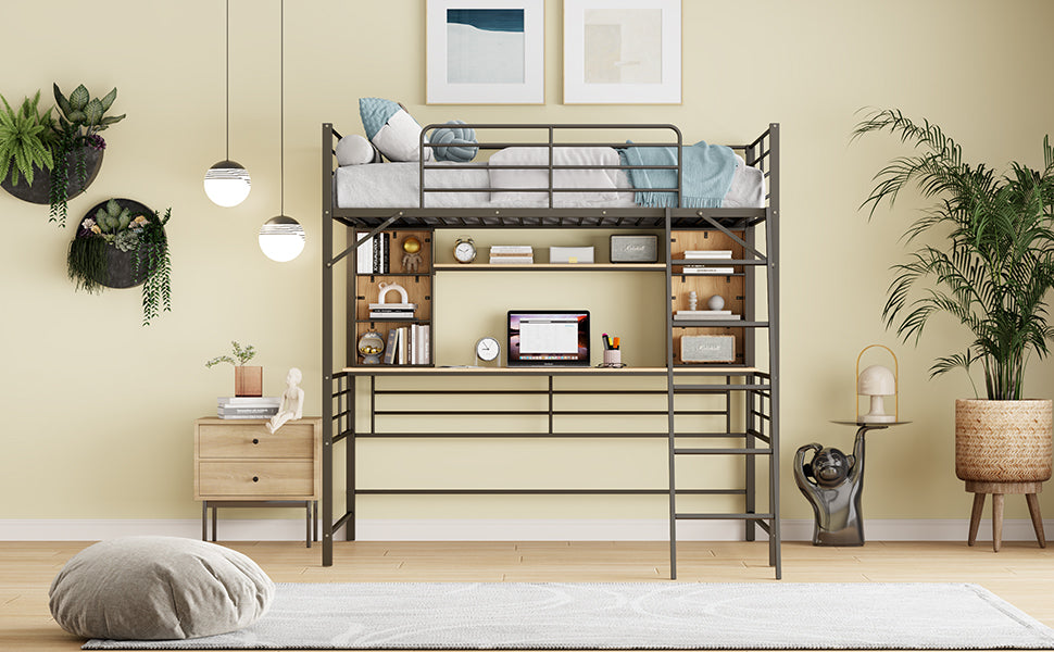 Full Size Loft Bed With Desk And Shelfloft Bed With Ladder,Full,Black Full Black Metal