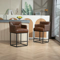 Coolmore Counter Height Bar Stools Set Of 2, Modern Barrel Bar Stool With Backrest And Arms, Black Metal Frames, Upholstered Bar Stools For Kitchen Island, Pub, Club Brown Pu Foam Pu Leather