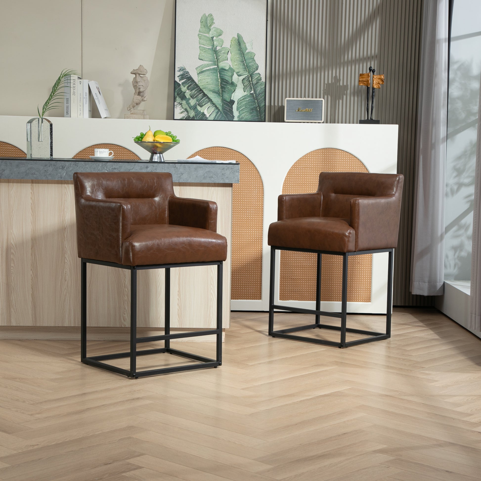 Coolmore Counter Height Bar Stools Set Of 2, Modern Barrel Bar Stool With Backrest And Arms, Black Metal Frames, Upholstered Bar Stools For Kitchen Island, Pub, Club Brown Pu Foam Pu Leather